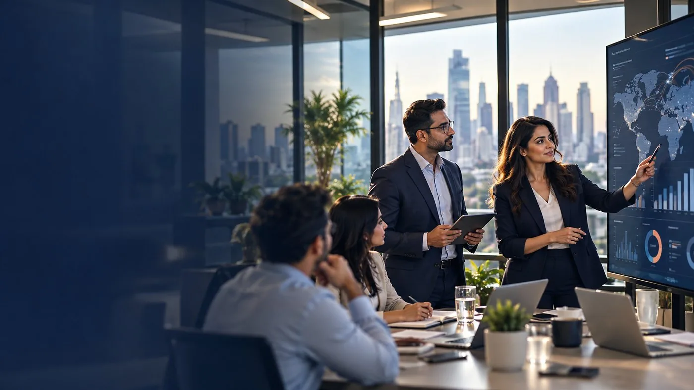 A business team presenting growth charts in a boardroom