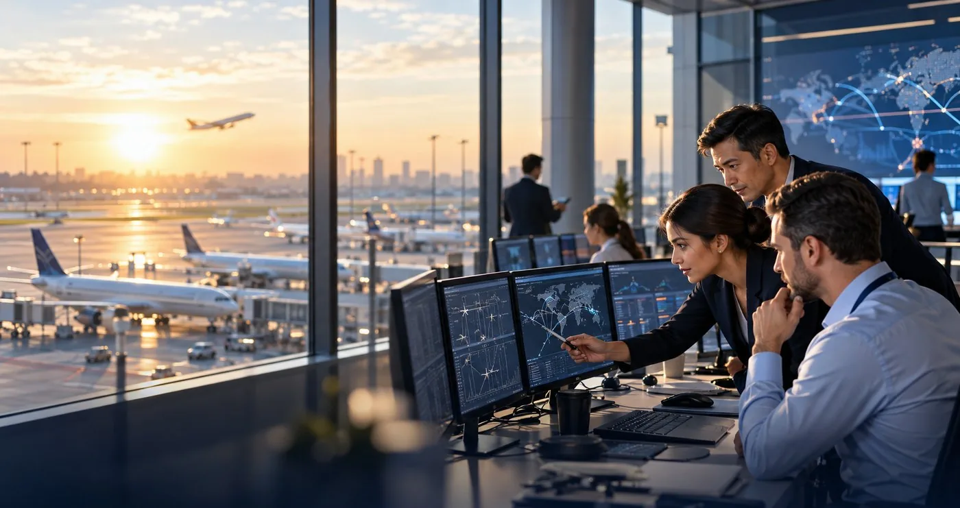 An airline operations team reviewing flight-tracking screens beside the runway