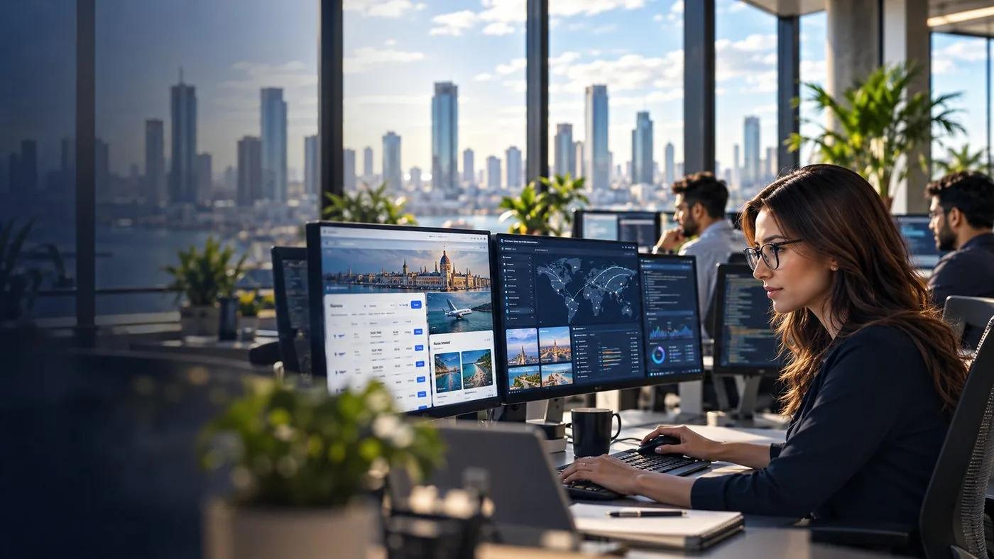 A developer working on a travel booking website across several screens