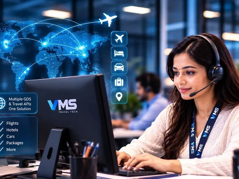 A VMS customer support specialist on a headset