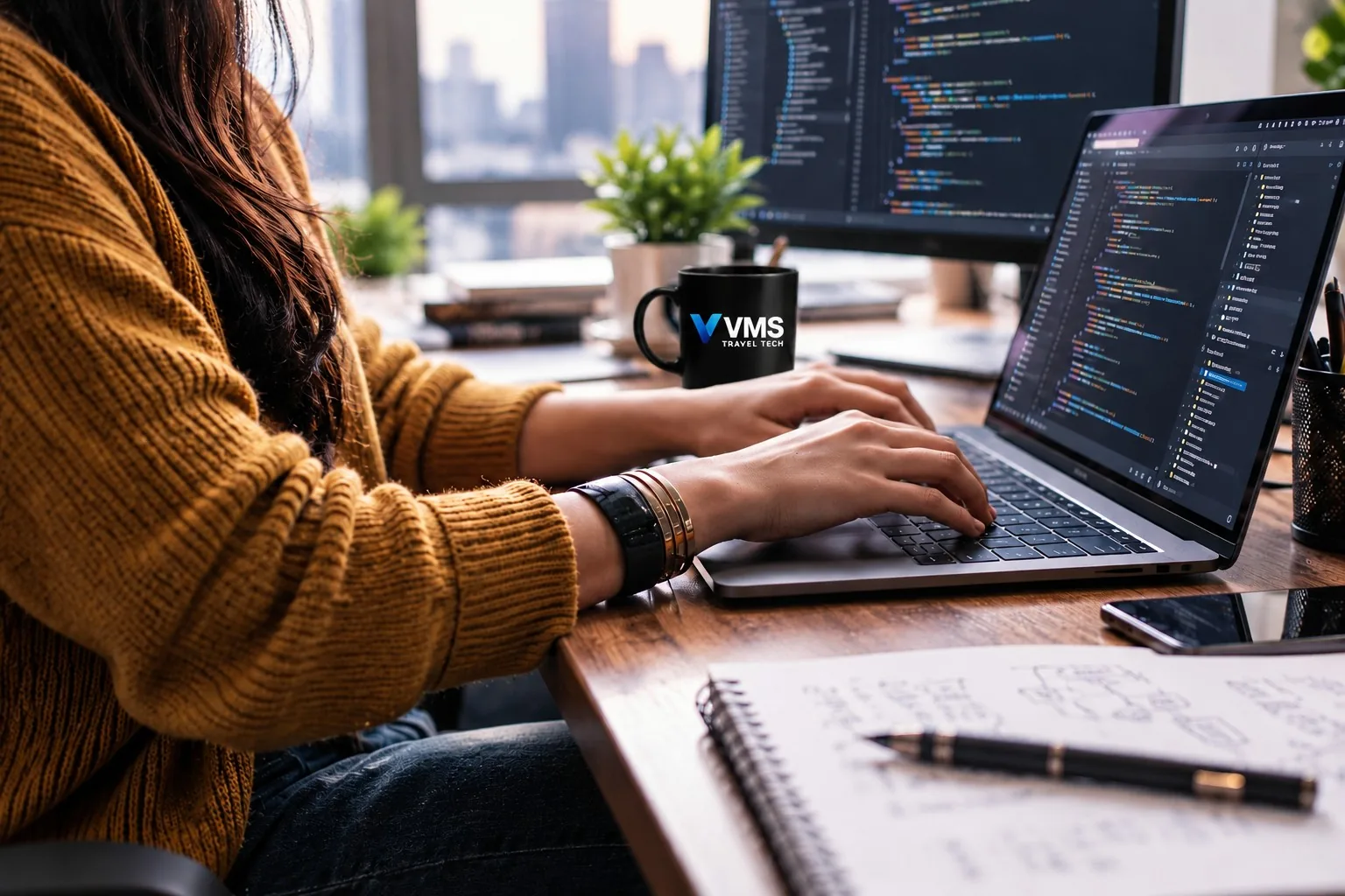 A VMS developer at her desk beside a travel booking platform connecting multiple GDS and travel APIs
