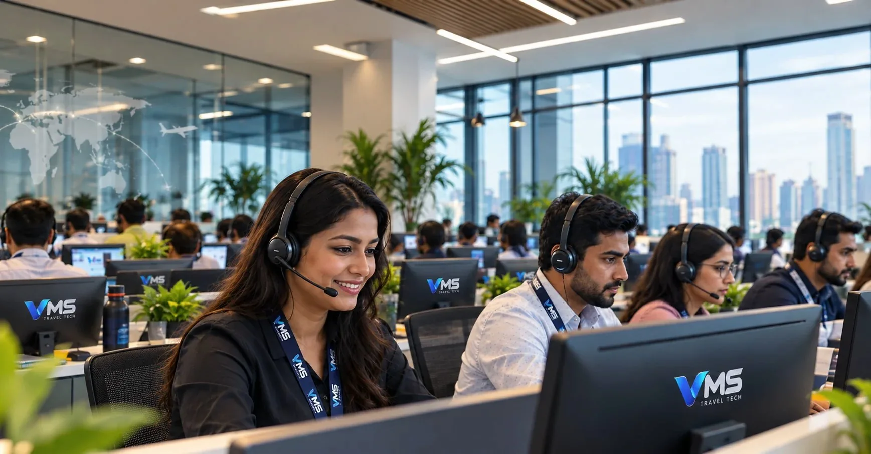 Travel specialists in VMS headsets at work on a bright operations floor