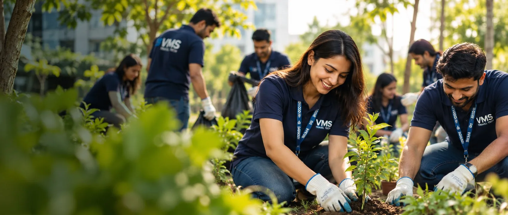 VMS volunteers in team T-shirts planting saplings together in a city park