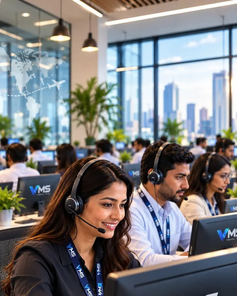 VMS travel specialists on headsets at work in the operations centre