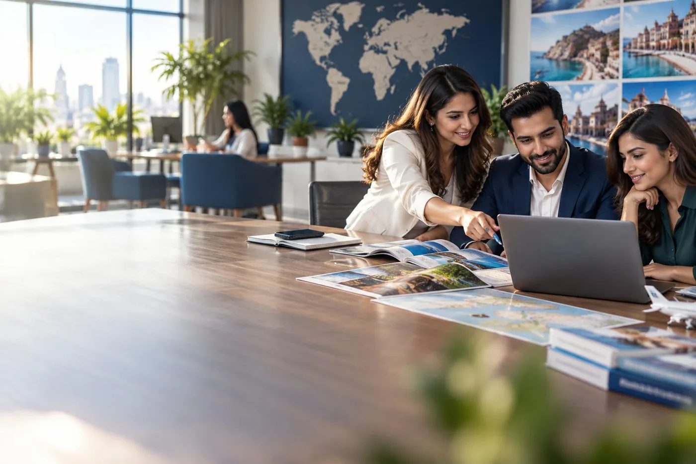 A travel consultant planning a trip with clients over brochures and a map