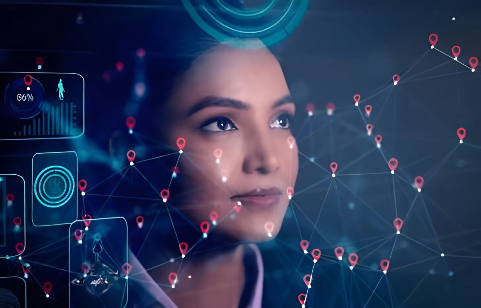 A woman studying a digital map of connected destinations