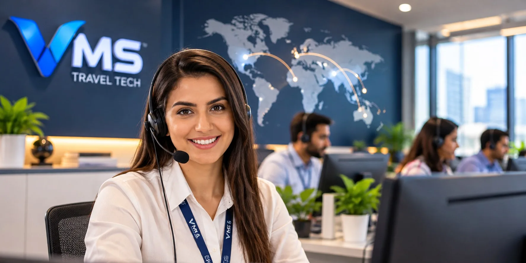 A smiling VMS support specialist on a headset, with the VMS logo and a world map on the wall behind her