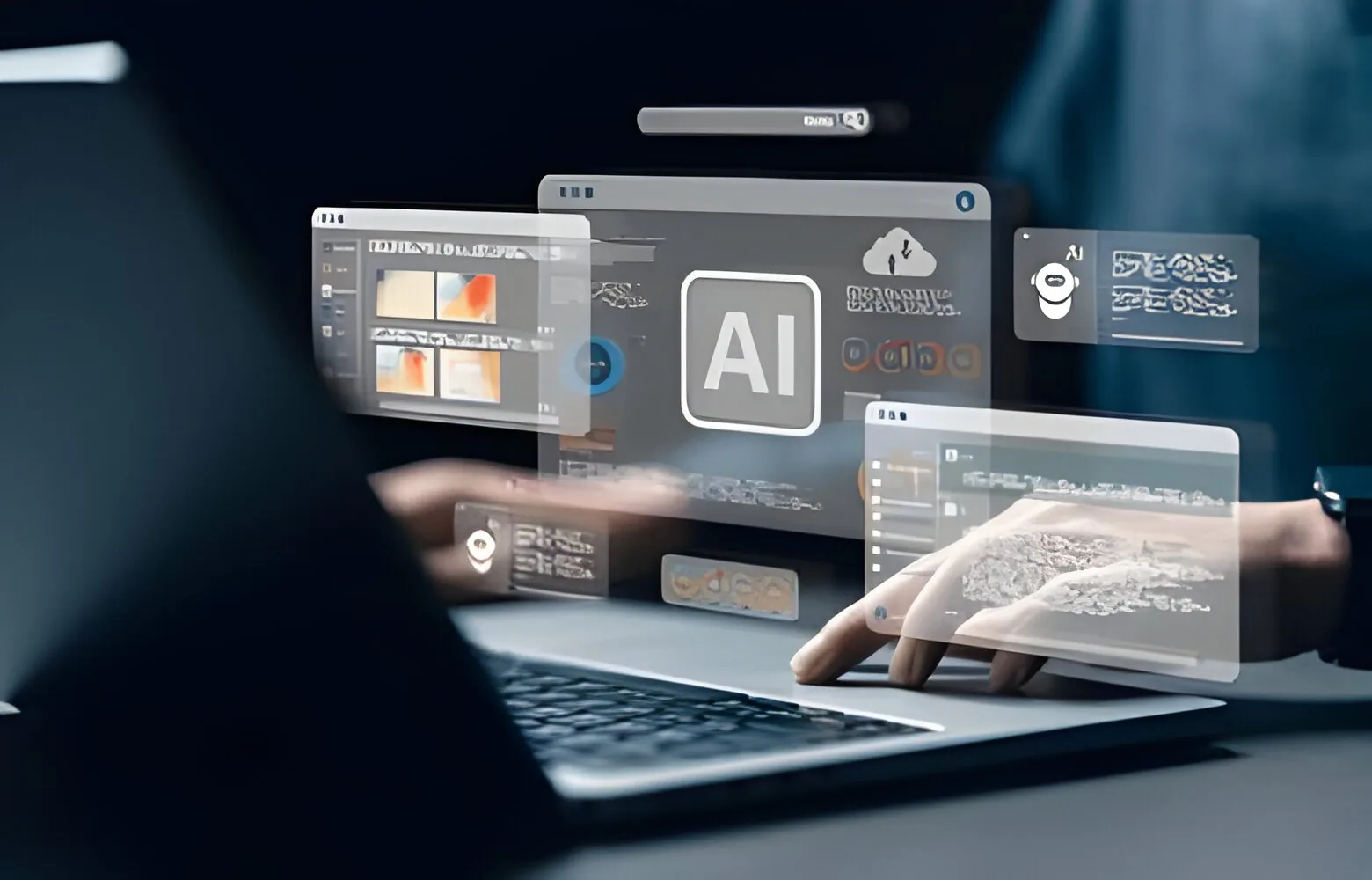 Hands on a laptop with floating windows showing AI and travel tools