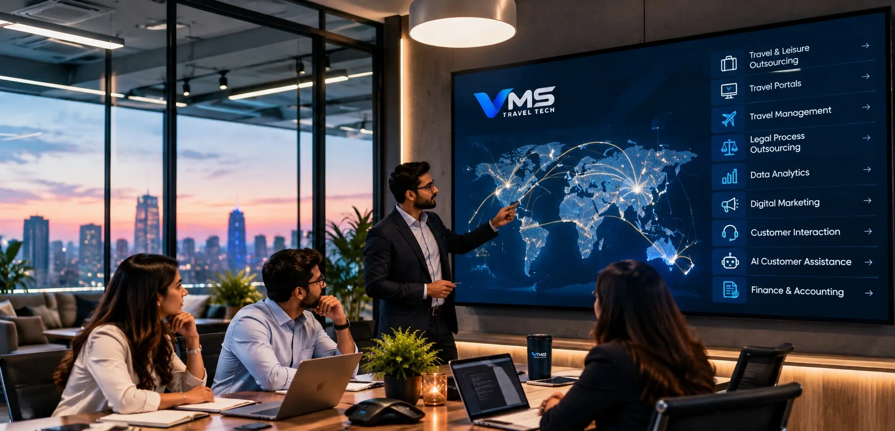 A VMS director presenting the nine VMS services on a large screen to colleagues in a meeting room at dusk