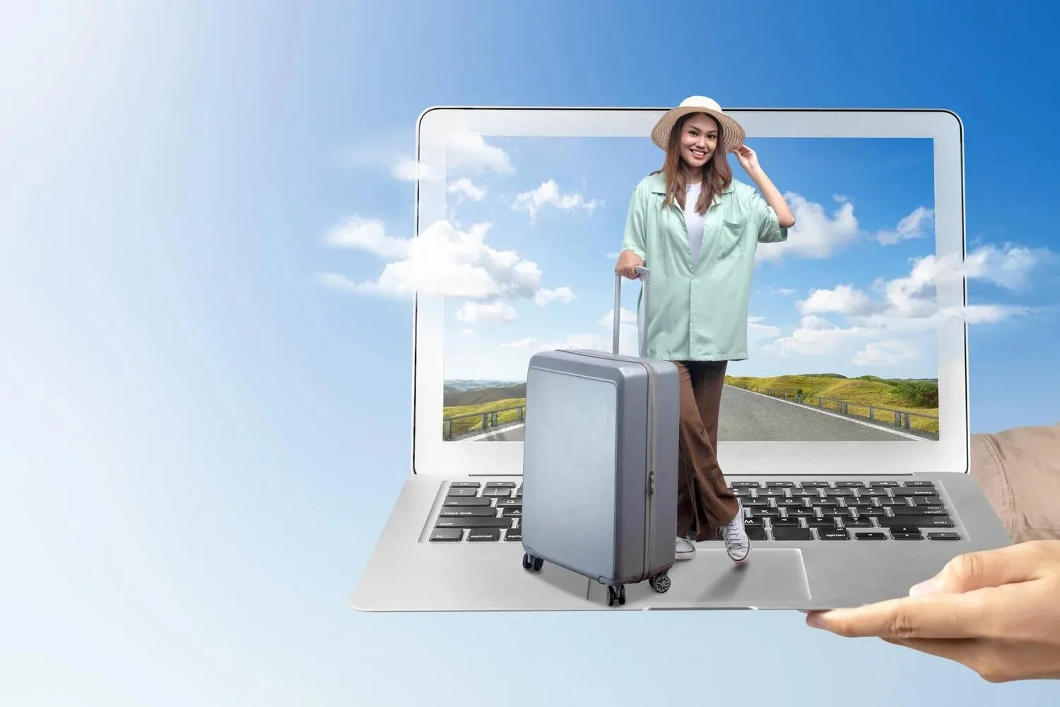 A smiling traveller with a suitcase stepping out of a laptop screen