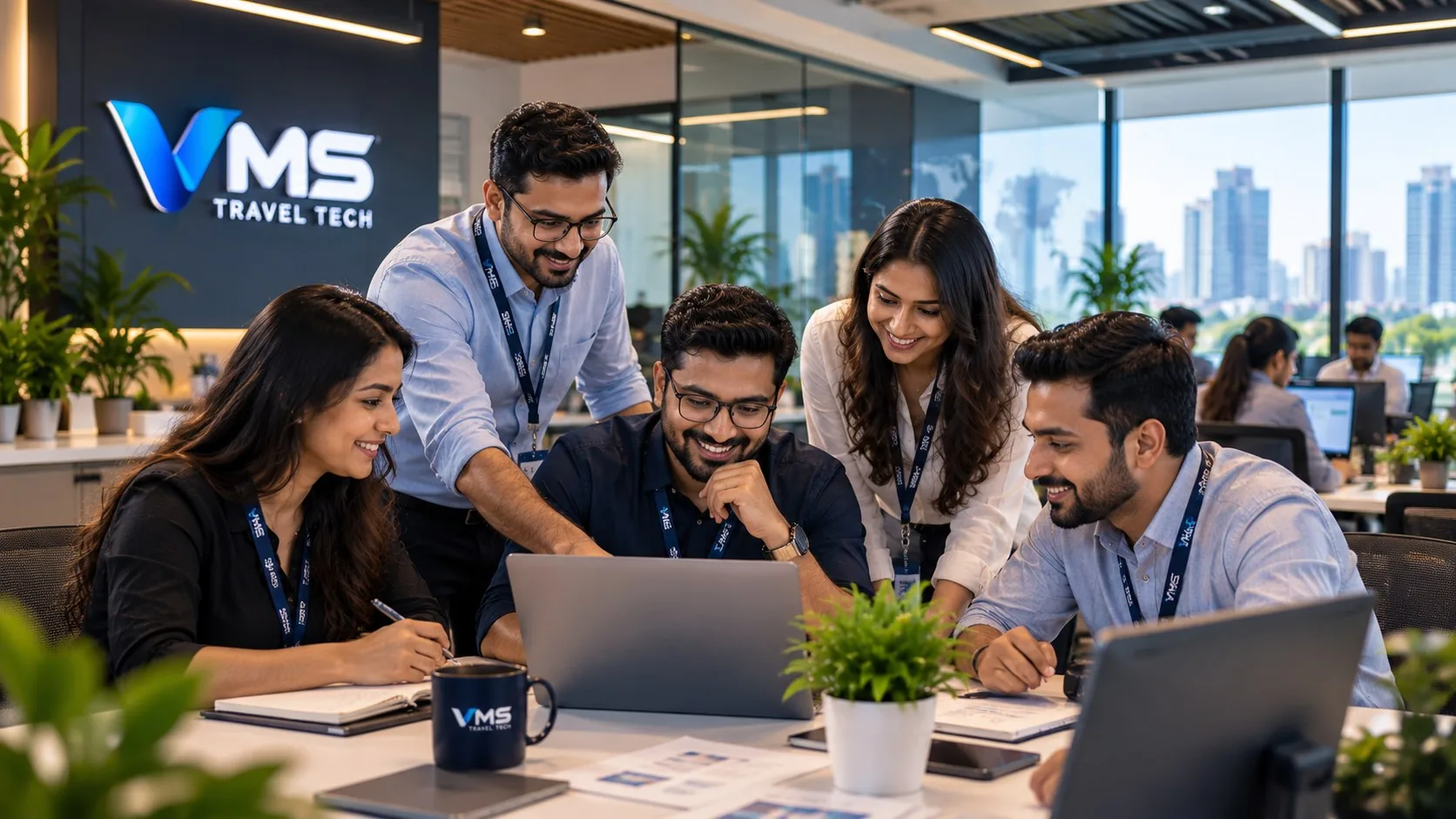 The VMS Travel Tech team gathered around a laptop in the office, with the VMS logo on the wall